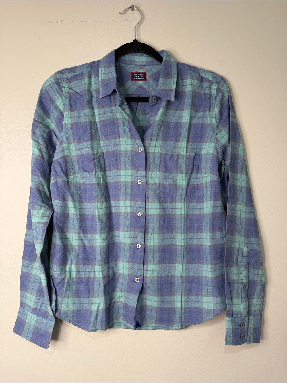 Untuckit Soft Plaid Button-Up Shirt in Teal & Blue Women’s 4